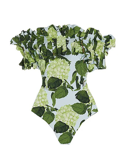 Floral Print One Piece Swimsuit and Skirt