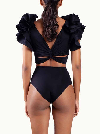 Solid Ruffle V-Neck Bikini