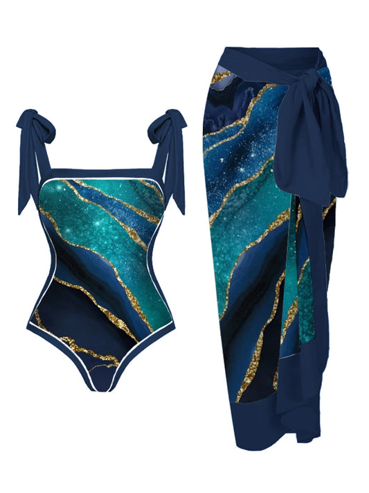 Marble Print One Piece Swimsuit And Cover Up