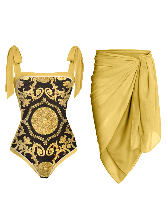 Vintage Print One-Piece Swimsuit and Cover Up