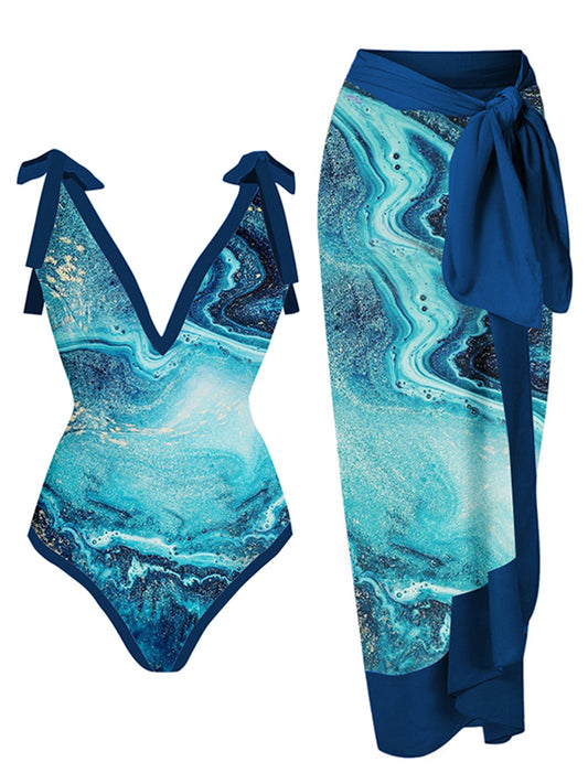 Vintage V-Neck Colorblock Print Beach One-Piece Swimsuit