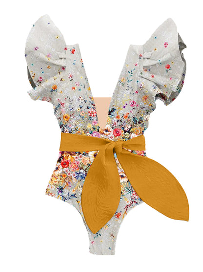 Ruffled Floral Print Colorblock One-Piece Swimsuit and Cover-up