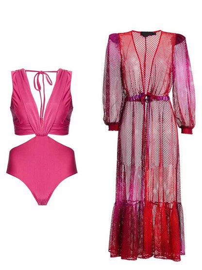 Solid Cutout Tie One Piece Swimsuit