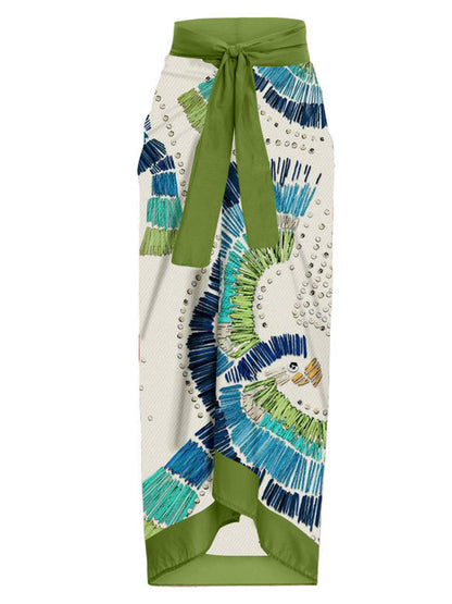 V-Neck Ruffled Vintage Embroidered Print Swimsuit Set