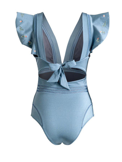 Solid Color Petal Hollow Fashion One Piece Swimsuit