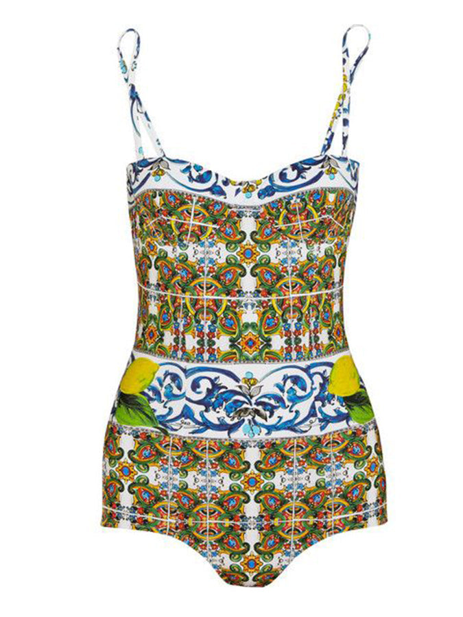 Vintage Print One Piece Swimsuit and Cover Up