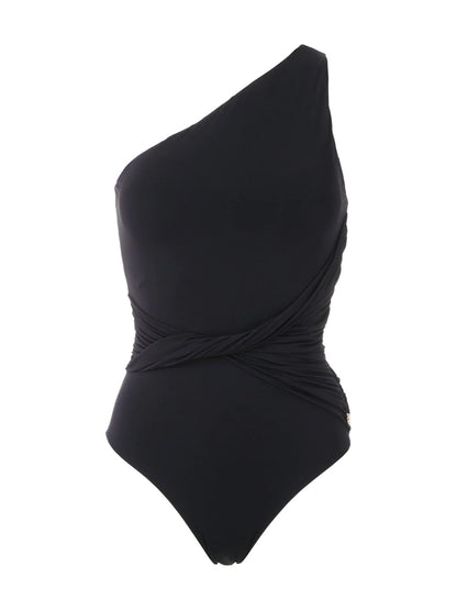Plain One Shoulder One-Piece Swimsuit And Cover Up