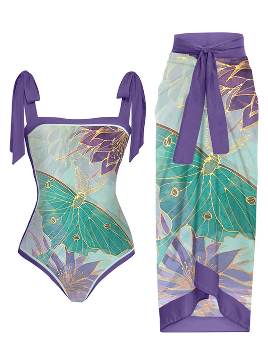 Vintage Butterfly Floral Print One-Piece Swimsuit