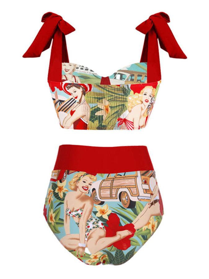 Fashion Colorblock Print One Piece Swimsuit and Cover Up
