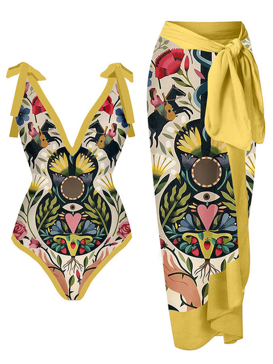 Printed One Piece Tie Swimsuit