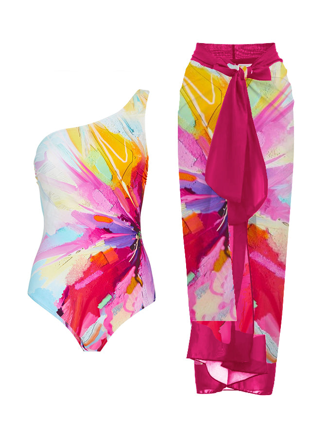 Oil Painting Brushstrokes Printing One Shoulder One Piece Swimsuit And Cover up