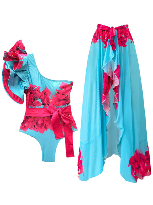 Fashion Floral Print Ruffle Colorblock One-Piece Swimsuit