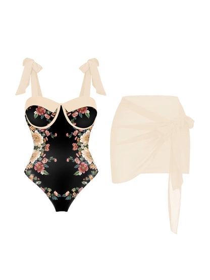 Printed Panel Chic One Piece Swimsuit and Coverup