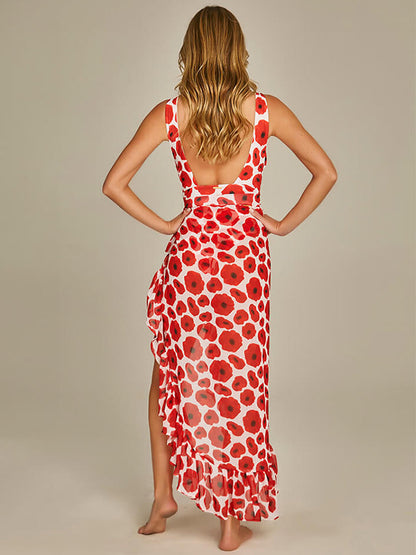 Deep V Print One Piece Swimsuit Set