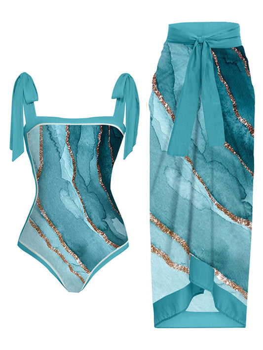 Vintage Fashion Colorblock Print One Piece Swimsuit Set