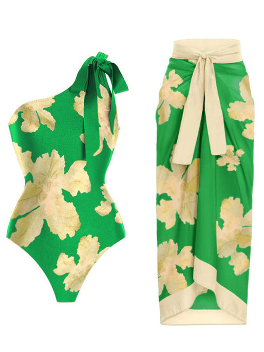One Shoulder Floral Print One Piece Swimsuit and Cover Up
