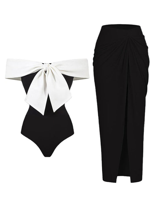 Fashion Solid Color Bow One Piece Swimsuit