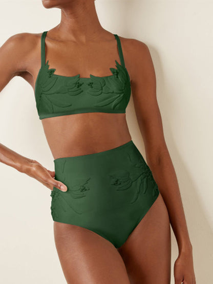 Solid Color Embossed Pattern Fashion Bikini Swimsuit