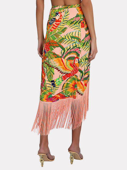 Vintage One-Shoulder Embroidered Print Bikini And Fringe Skirt