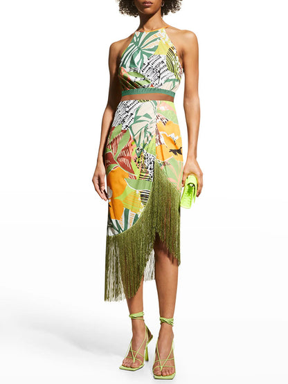 Fashion Vintage Floral Print Fringe Swimsuit And Skirt