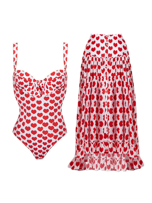 Sling Lace Up Printed One Piece Swimsuit And Beach Skirt