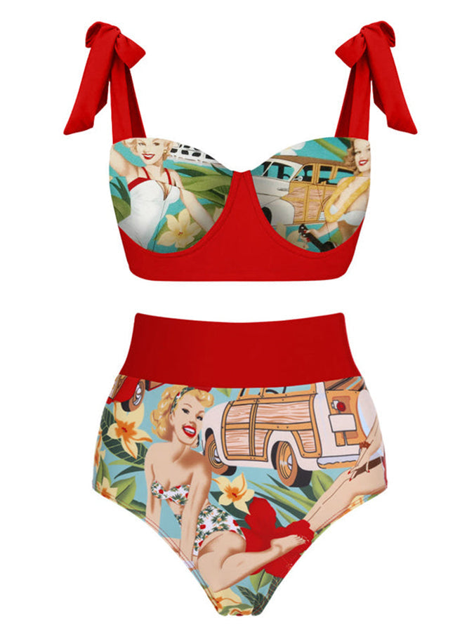 Fashion Colorblock Print One Piece Swimsuit and Cover Up
