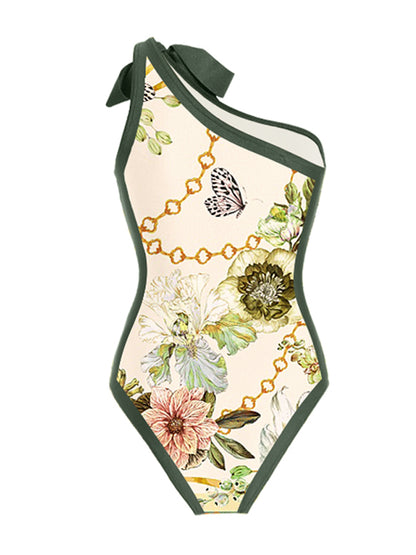One Shoulder Floral Print One Piece Swimsuit and Skirt
