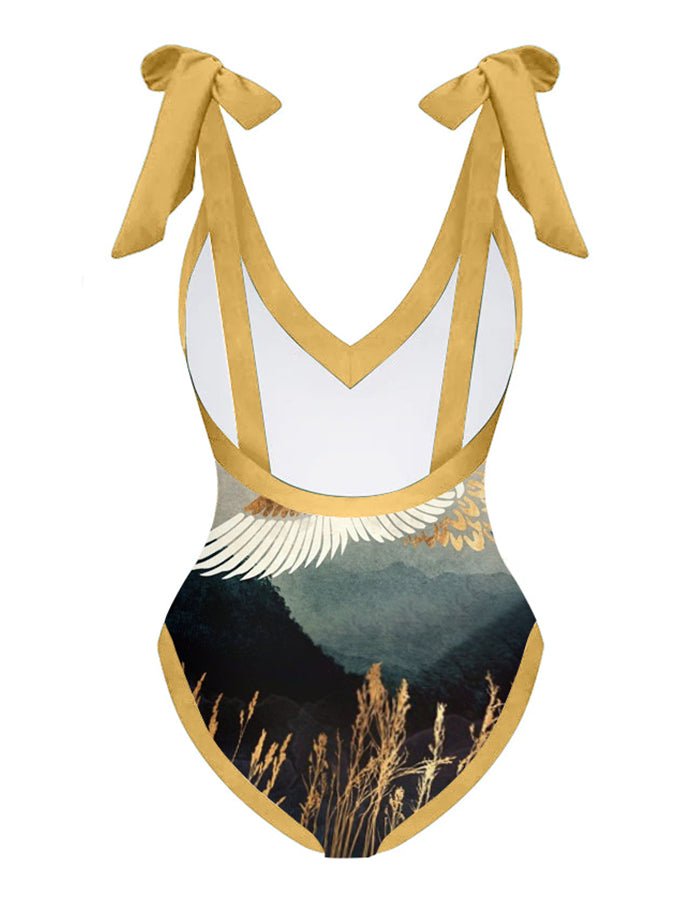Vintage V-Neck Print One-Piece Swimsuit Set