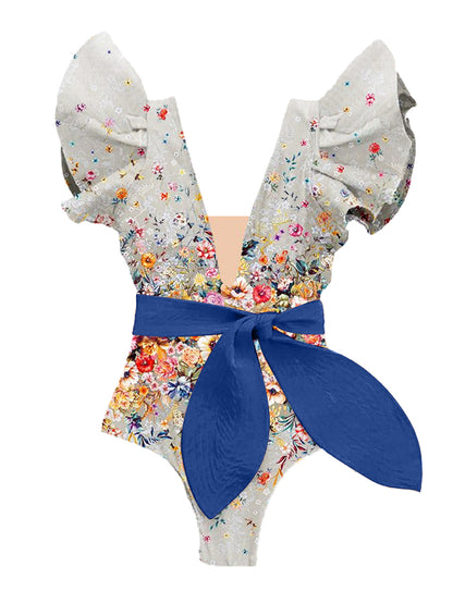 Ruffled Floral Print Colorblock One-Piece Swimsuit and Cover-up