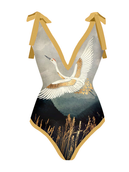 Vintage V-Neck Print One-Piece Swimsuit Set