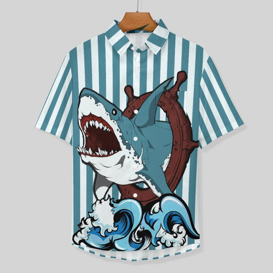 Men's Hemp Stripe Shark Print Vacation Hawaiian Shirt