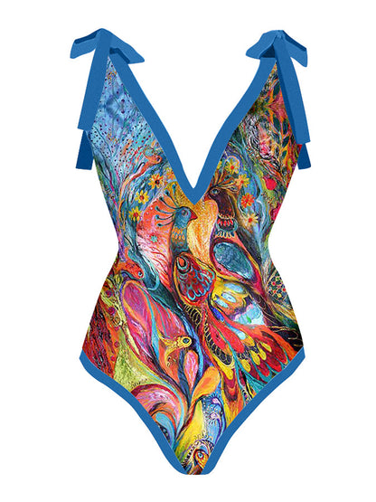 Vintage V-Neck Print One-Piece Swimsuit Set
