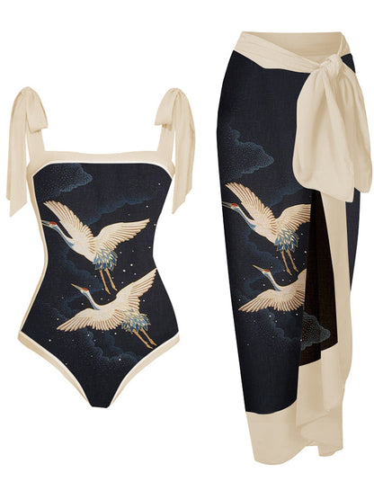 Printed Simple Lace-Up One-Piece Swimsuit