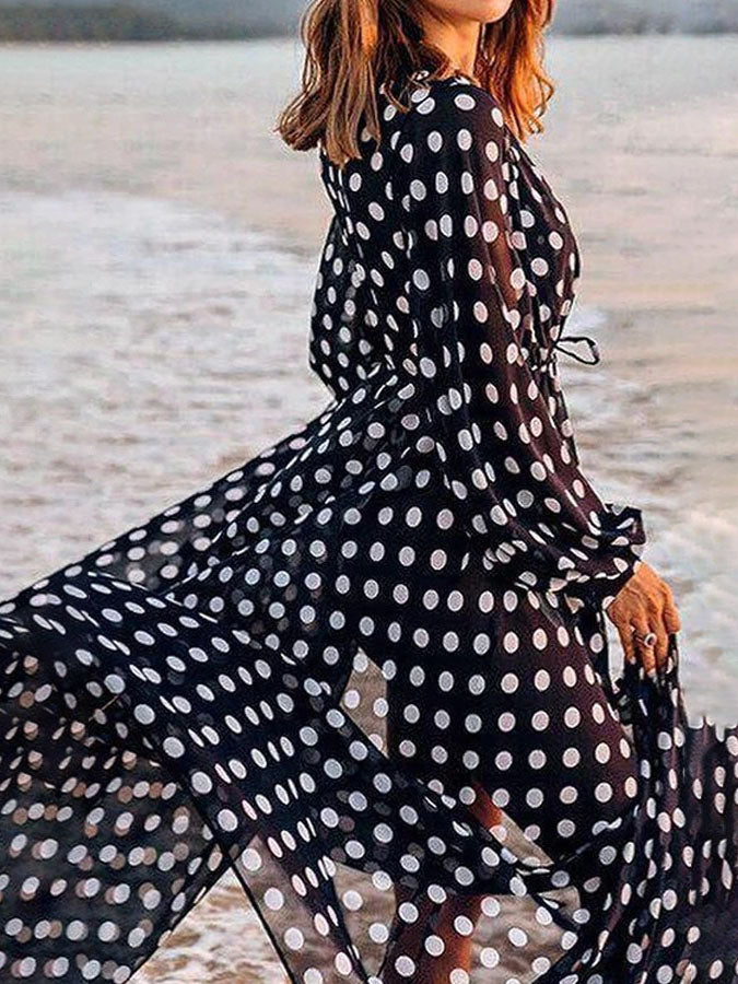Polka-dot print one piece swimsuits and kimonos