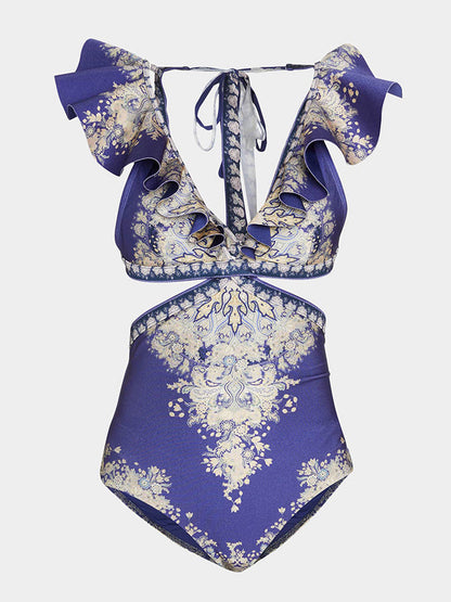 Deep V Ruffle Print One-Piece Swimsuit