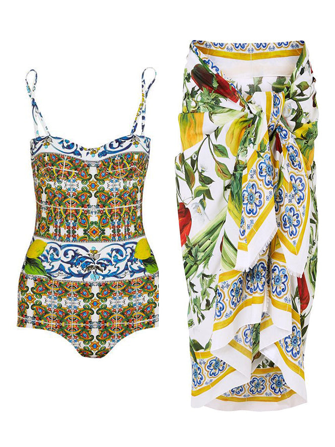 Vintage Print One Piece Swimsuit and Cover Up