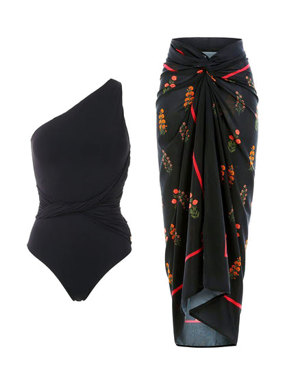 Plain One Shoulder One-Piece Swimsuit And Cover Up