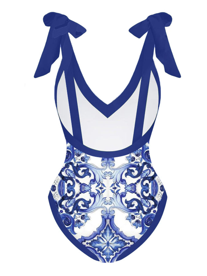 Fashion Vintage V-Neck Print One-Piece Swimsuit Set